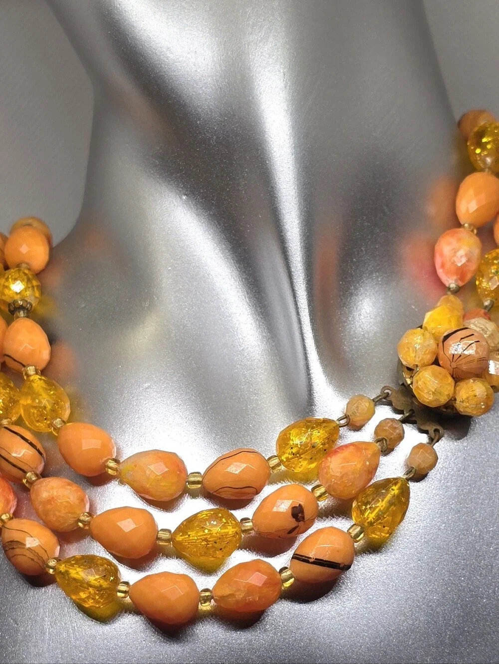 West Germany Vintage Peach  Acrylic Faceted Bead Signed 3 Strand Necklace MC